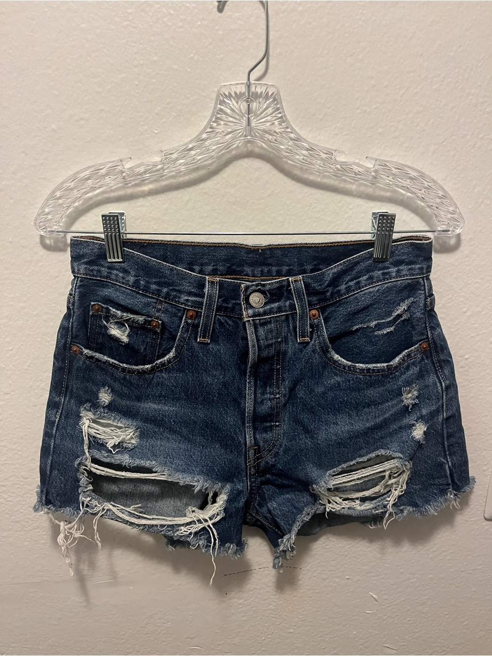 Levi's 501 Dark Blue Ripped Denim Cutoff Shorts